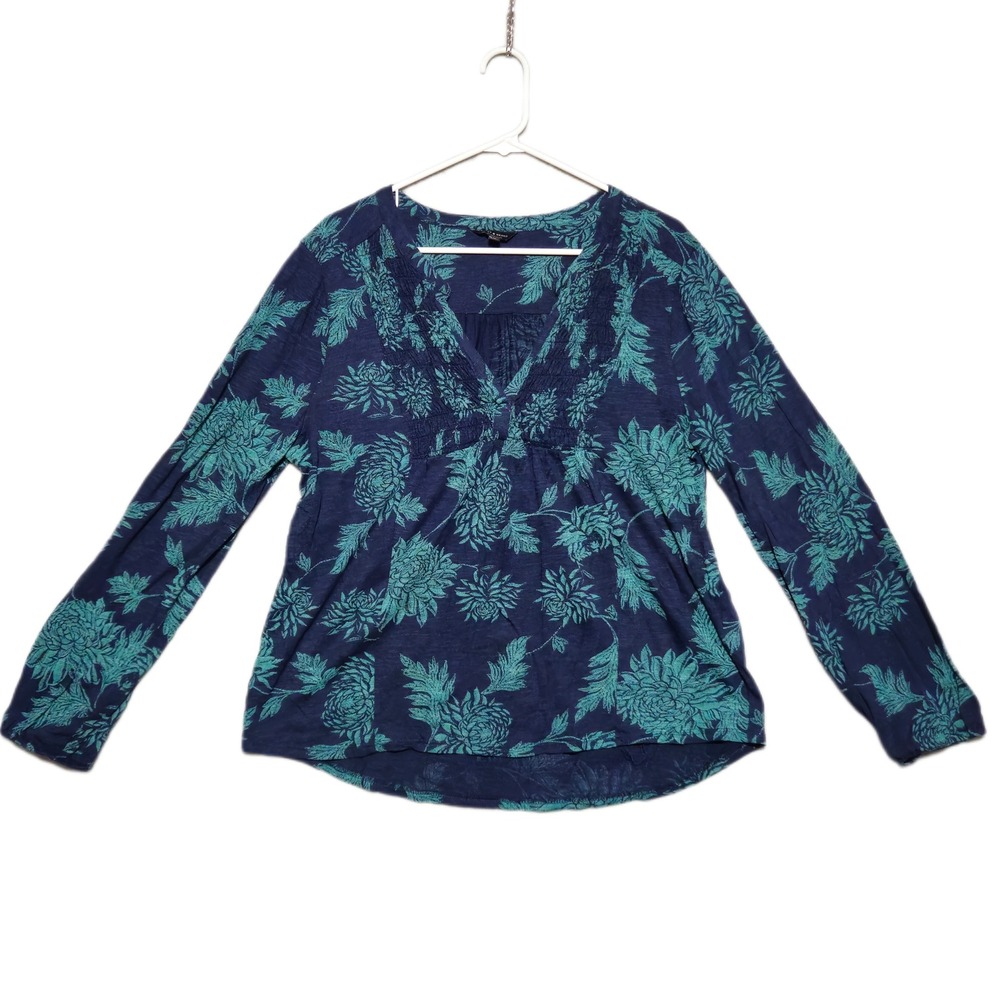 Lucky Brand Floral Knit Top Womens XL Navy Teal Long Sleeve V-Neck Y2K Inspired